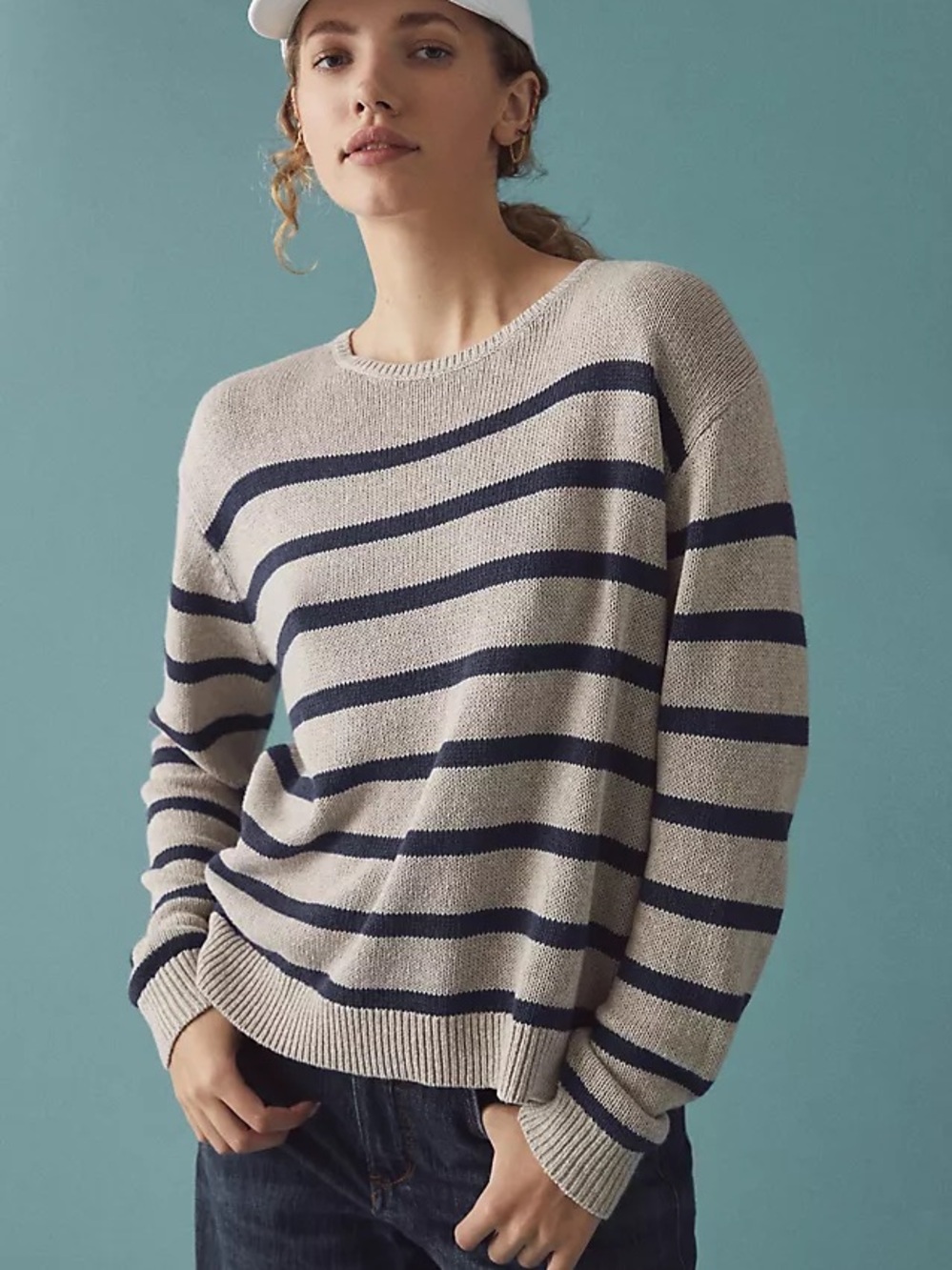 KULE The Finn Striped Pullover Sweater in Tan / Navy - M